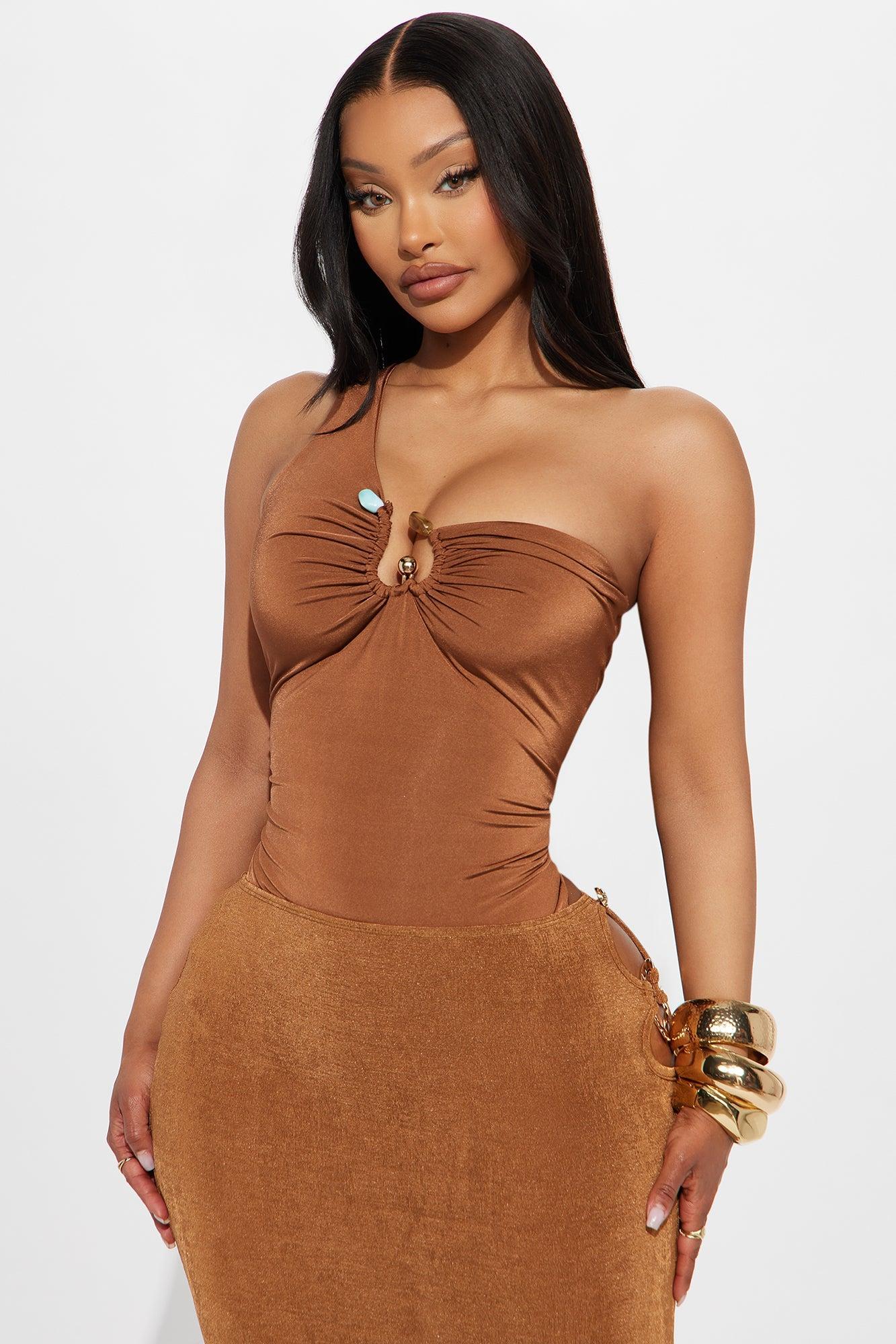 Soft Glow Ruched One Shoulder Bodysuit - Chocolate Product Image