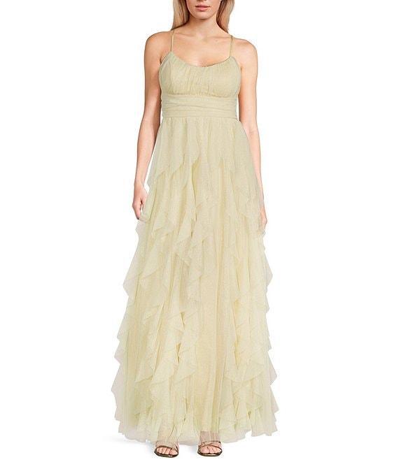 Pear Culture Mesh Foil Spaghetti Strap Scoop Neck Emma Bodice Tie Back Corkscrew Dress Product Image