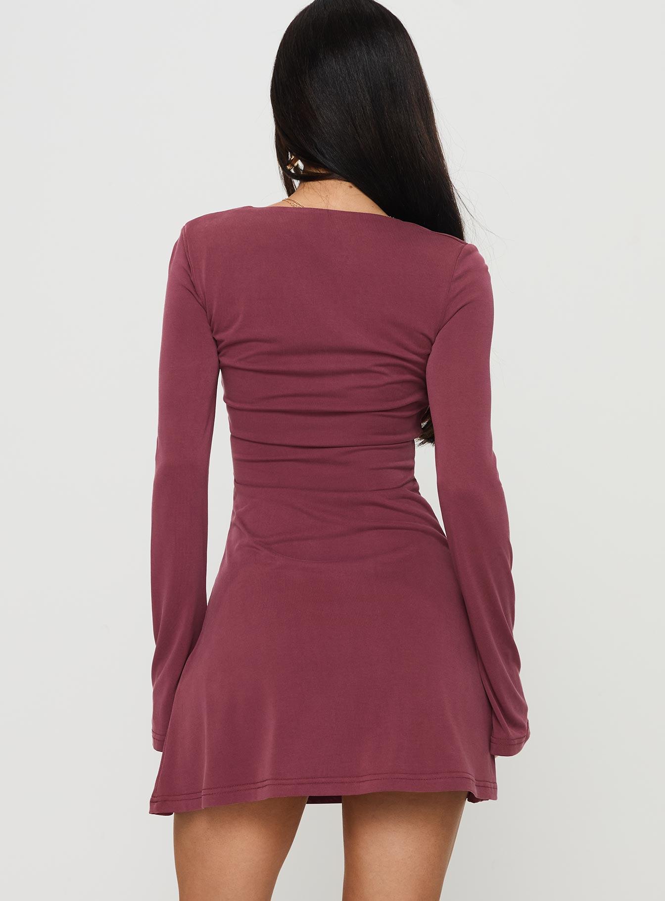 Back In Time Long Sleeve Mini Dress Burgundy Product Image