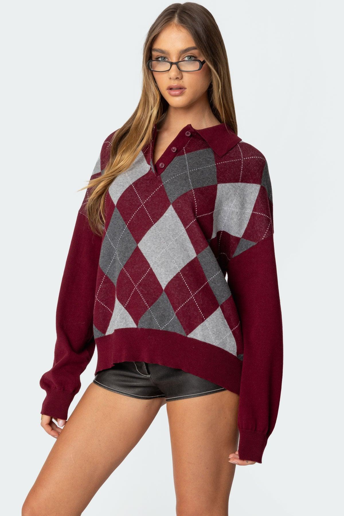 Argyle Oversized Polo Sweater Product Image