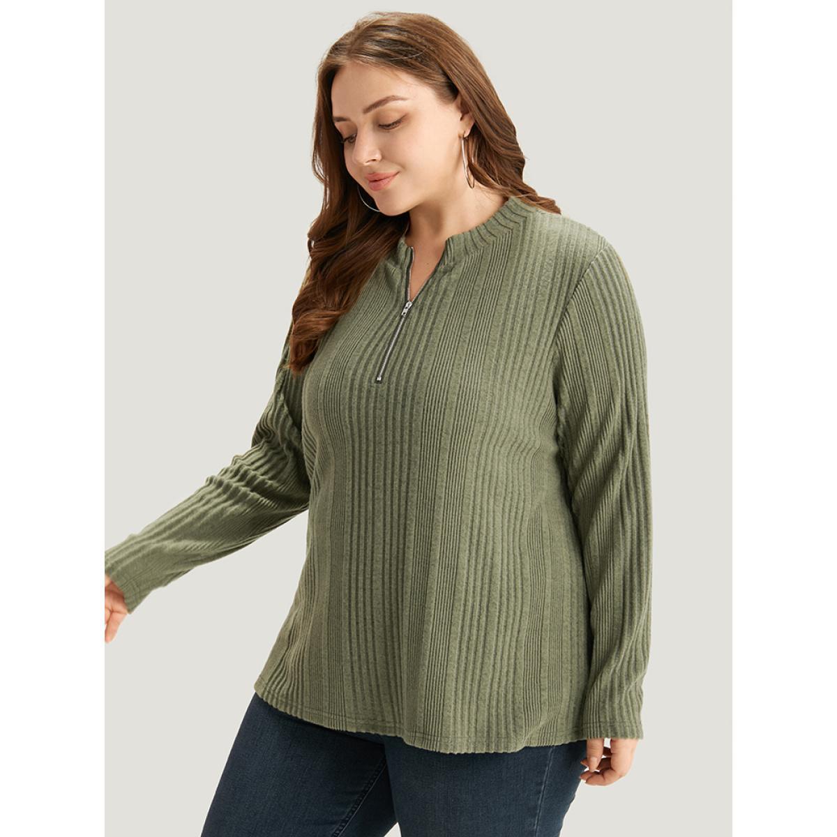 Plus Size Plain Rib Knit Half Zip T-shirt Green Women Casual Texture Plain Open Front Dailywear T-shirts BloomChic 10/M Product Image