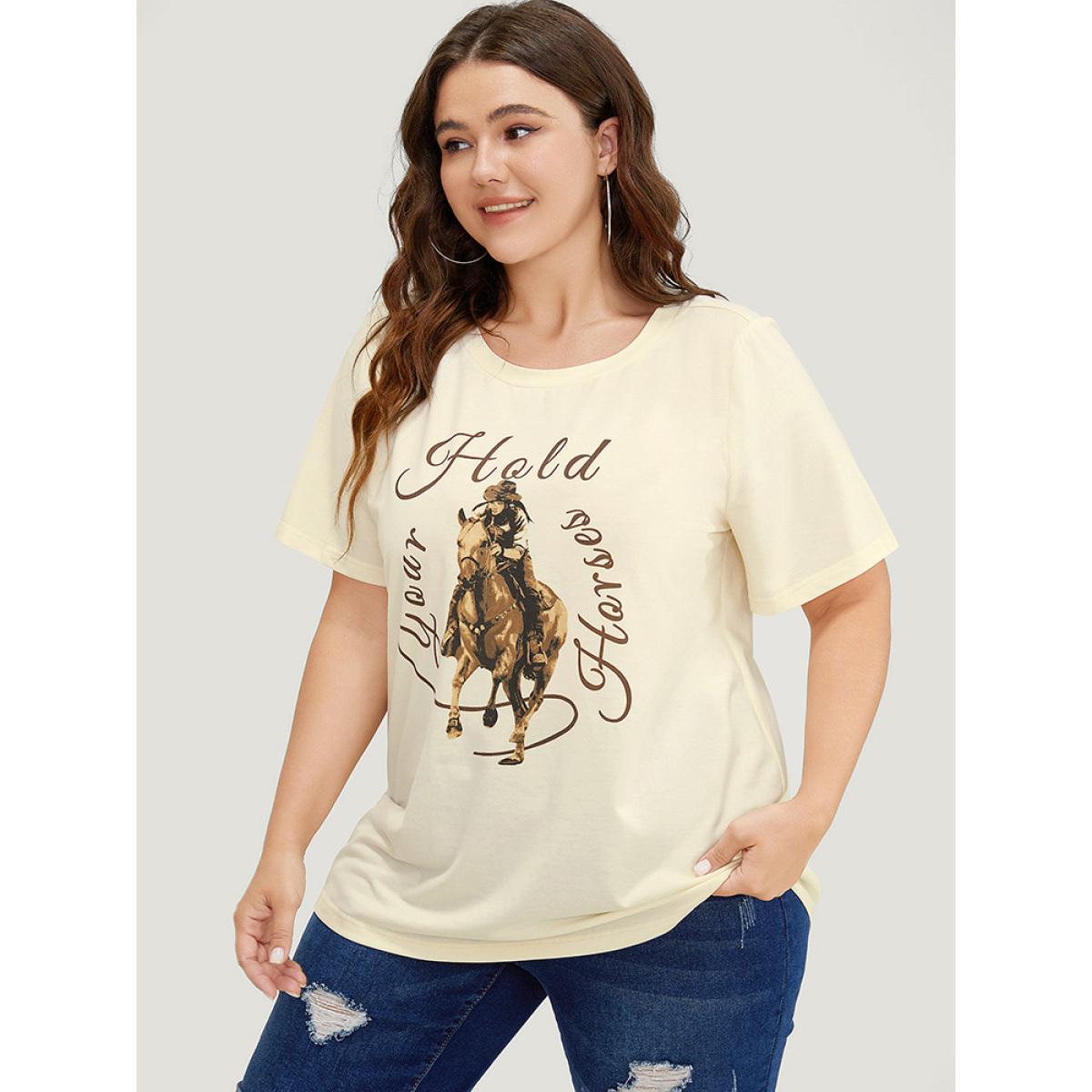 Plus Size Horse & Letter Print Round Neck Graphic Tee Apricot Women Casual Western Dailywear T-shirts BloomChic 14-16/1X Product Image