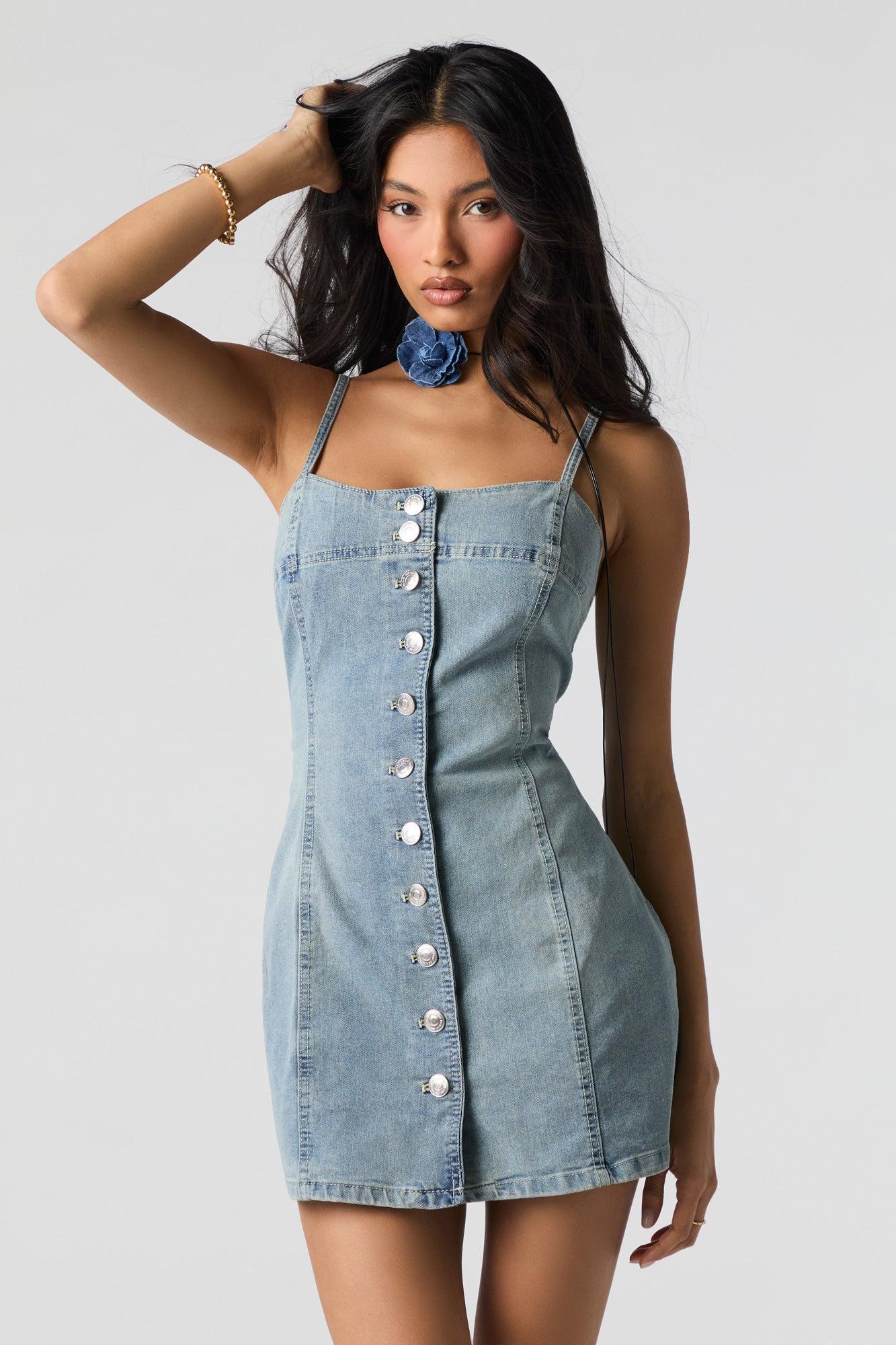 Denim Button Front Mini Dress Female Product Image