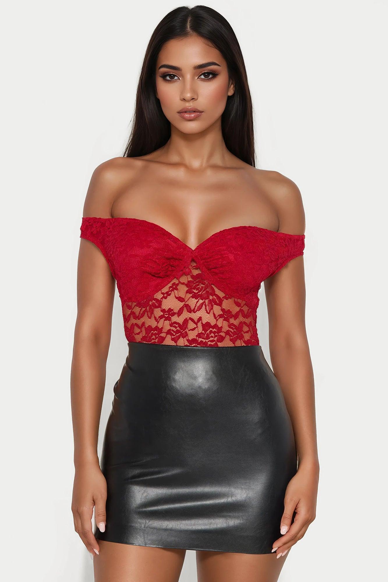 Tiria Sheer Lace Bodysuit - Red Product Image