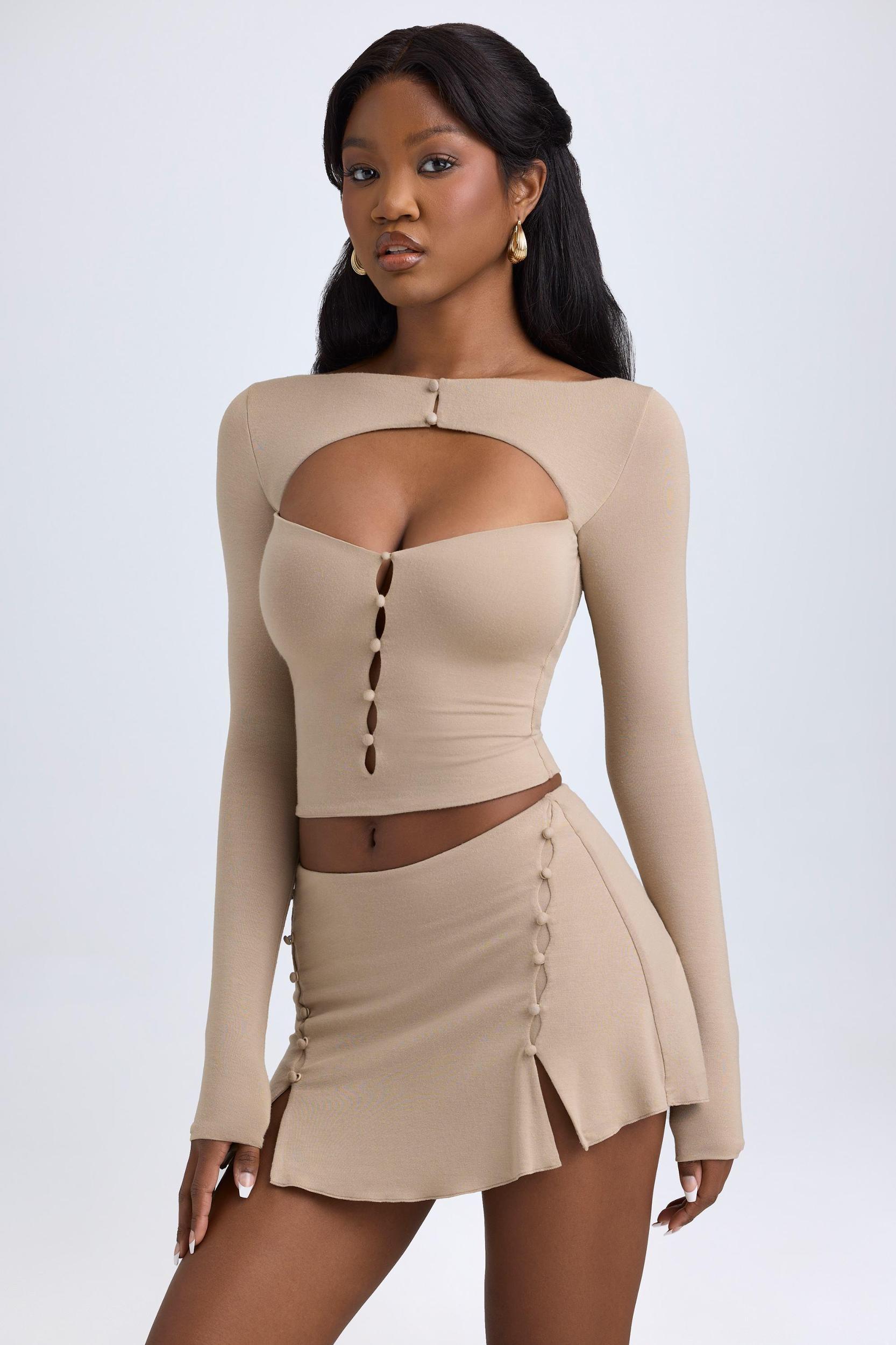 Modal Cut-Out Button-Detail Top in Taupe Product Image