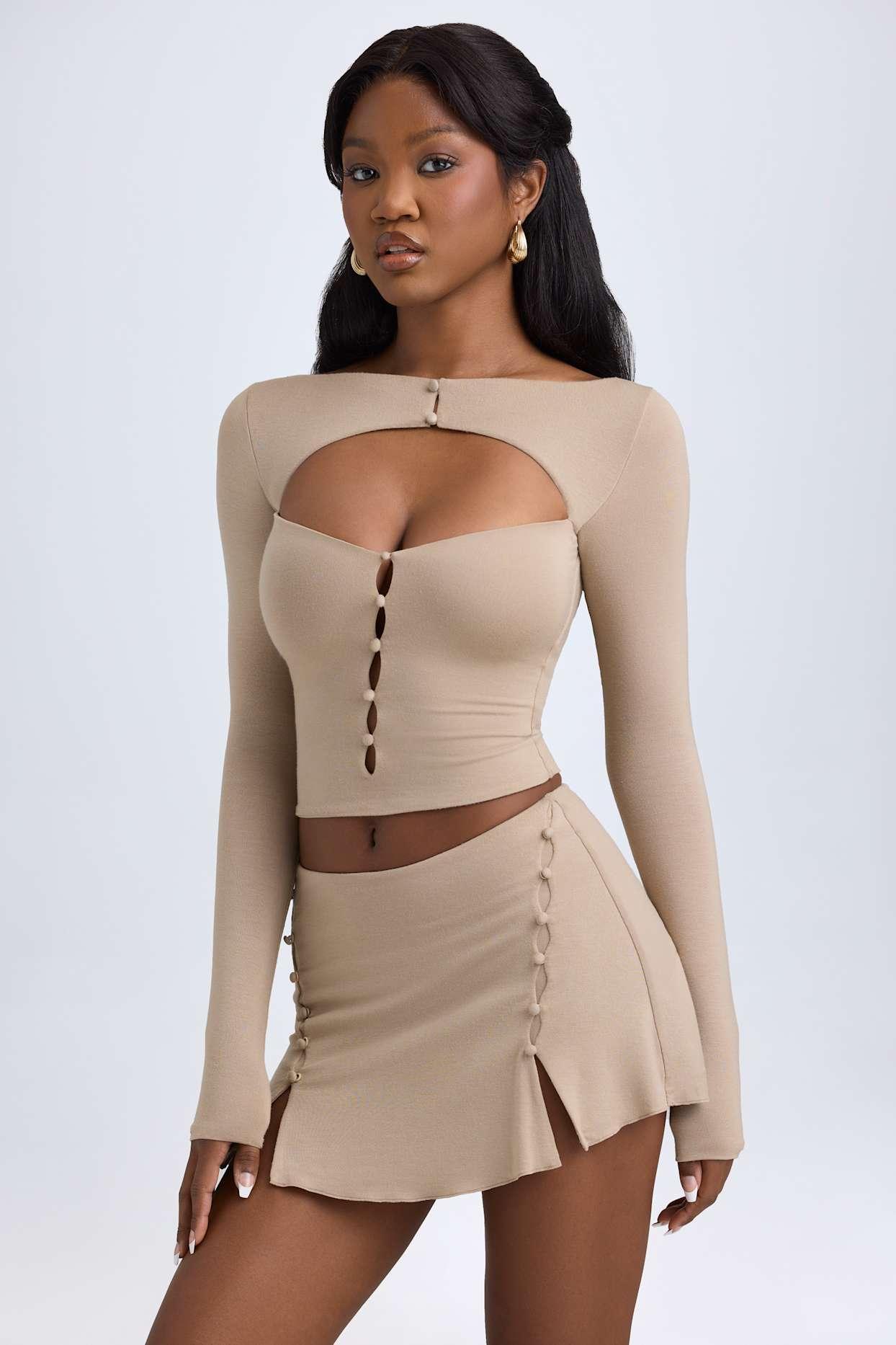Modal Cut-Out Button-Detail Top in Taupe Product Image