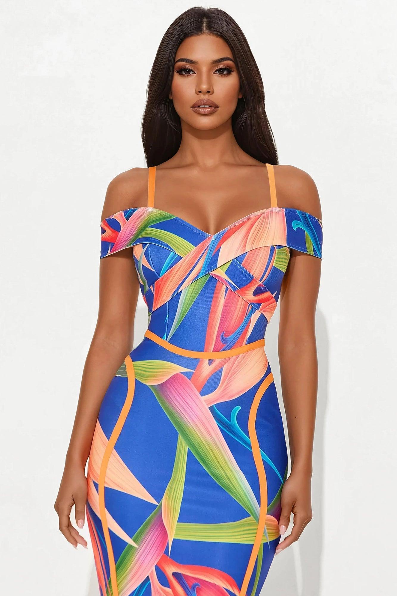 Alani Tropical Bandage Midi Dress - Royal/combo Product Image