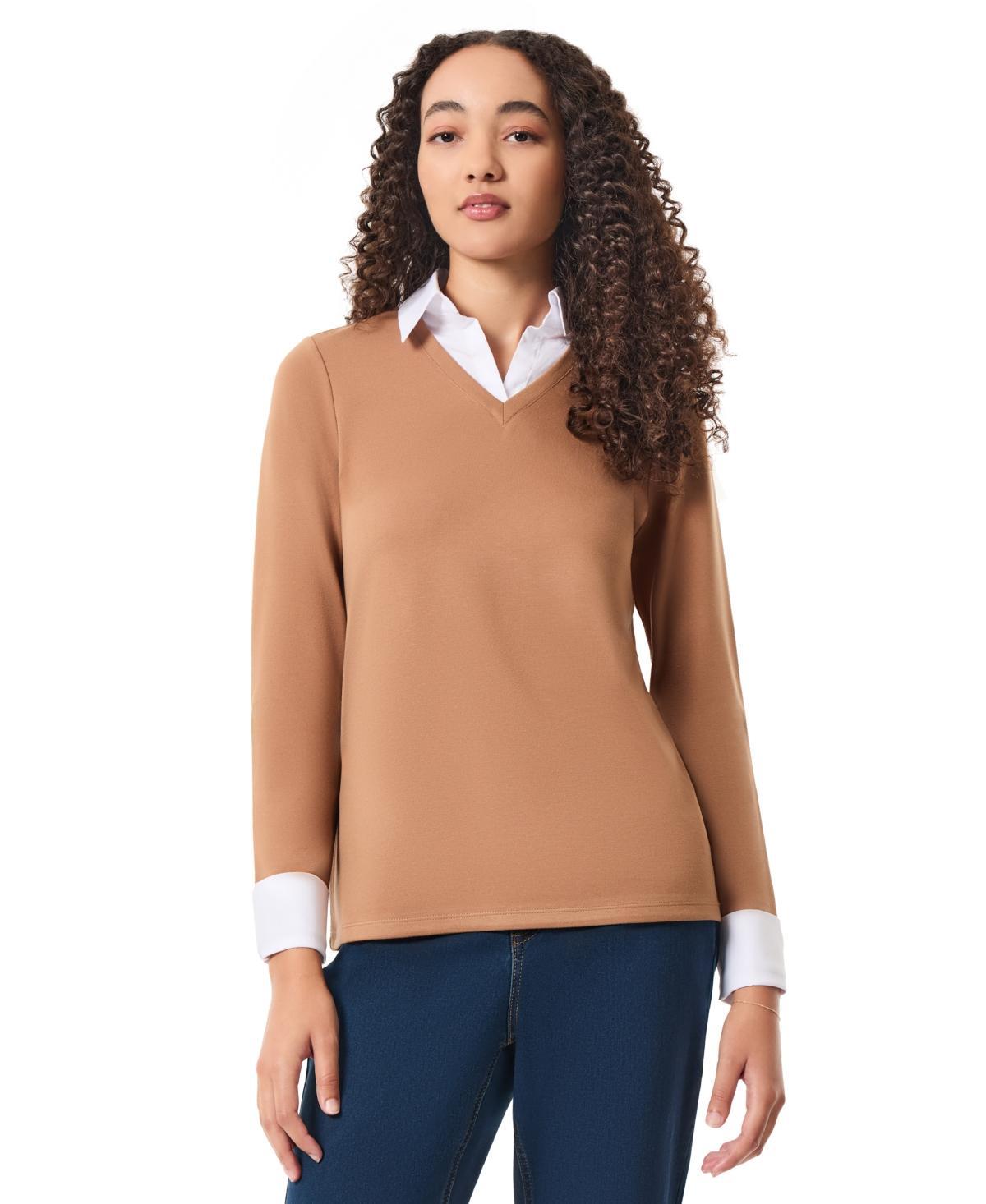 Jones New York Womens Serenity with Cotton Poplin Long Sleeve V-Neck Twofer Top Product Image