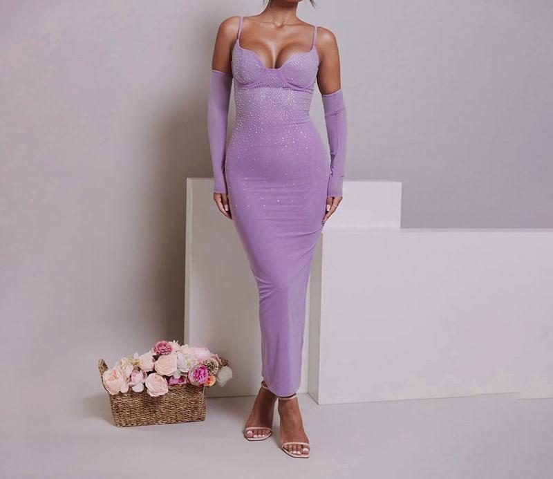 Set: Spaghetti Strap V-Neck Rhinestone Open Back Maxi Bodycon Dress + Arm Sleeves Product Image