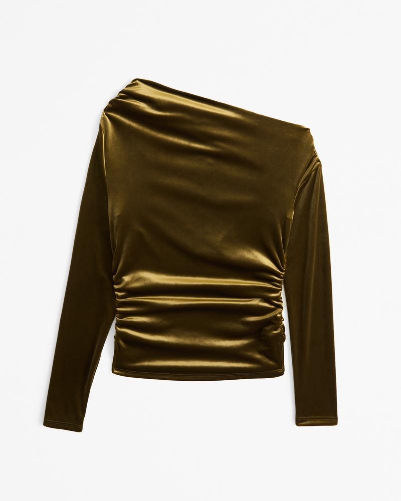 Long-Sleeve Velvet Asymmetrical Draped Top Product Image