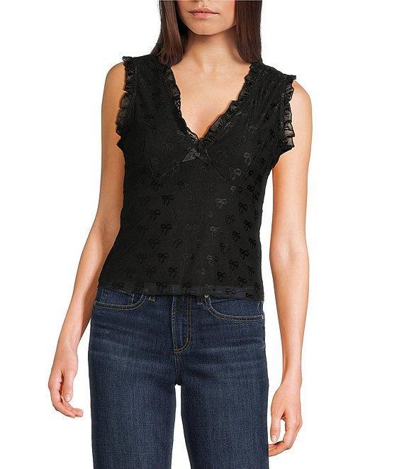 Honey & Sparkle Mesh V-Neck Ruffle Edge Lined Bow Trim Top Product Image