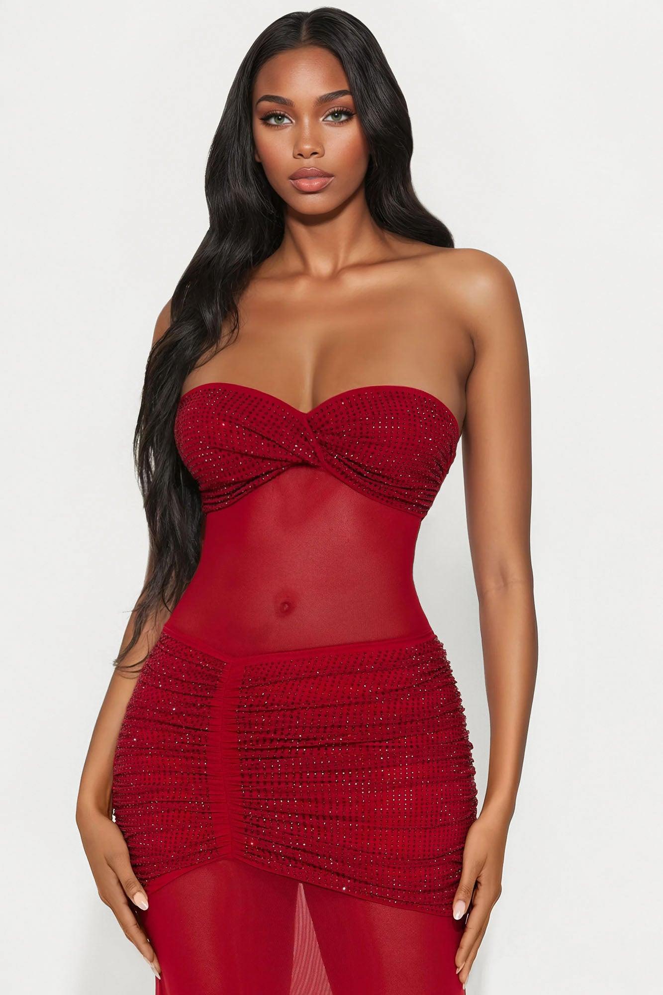 Tiana Embellished Mesh Maxi Dress - Wine Female Product Image