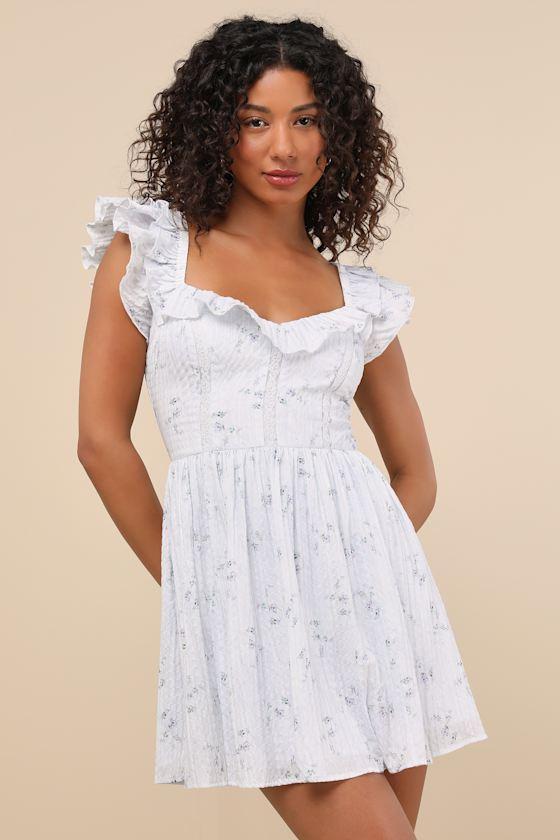 Velia Light Blue Floral Textured Flutter Sleeve Mini Dress Product Image