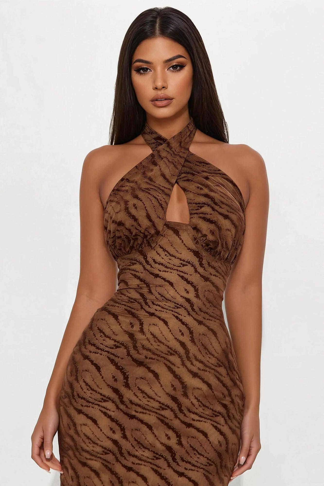 Hot Attraction Zebra Print Mesh Midi Dress - Brown Product Image