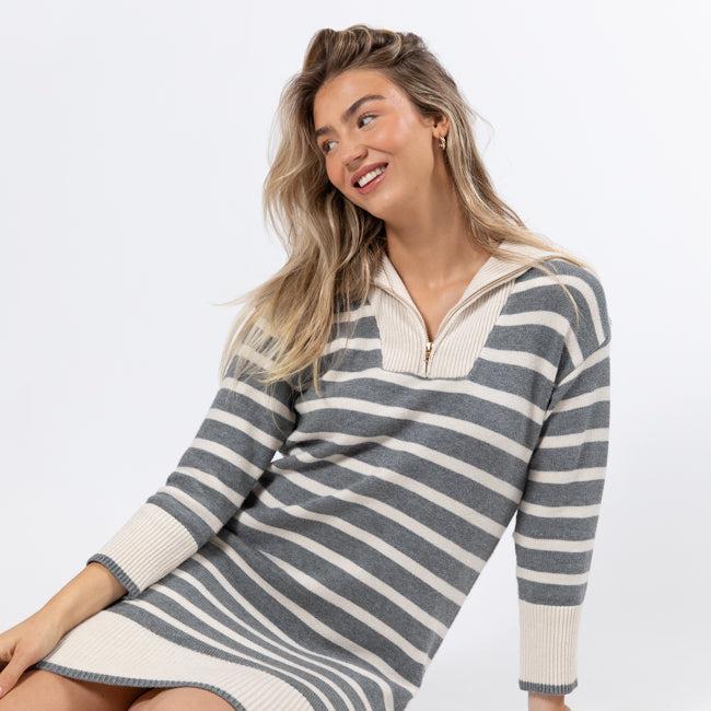 Between You and Me Grey Striped Quarter Zip Sweater Dress FINAL SALE Product Image
