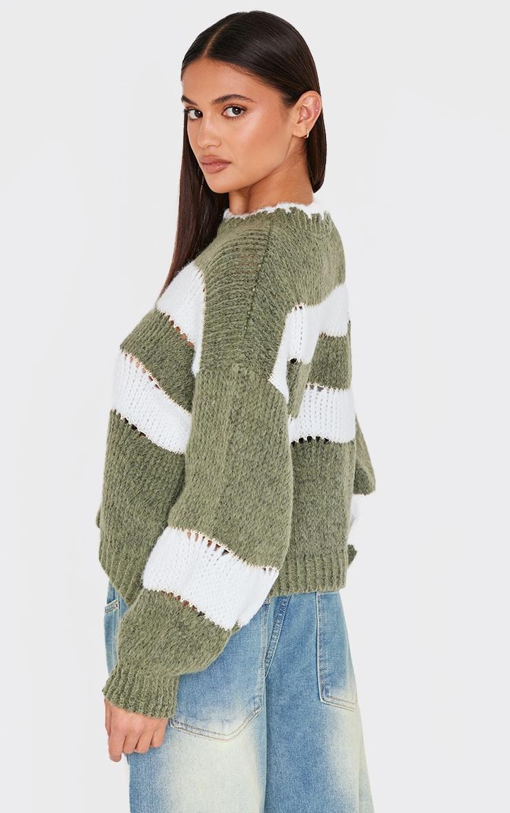 Khaki Stripe Distressed Detail Chunky Knit Sweater Product Image