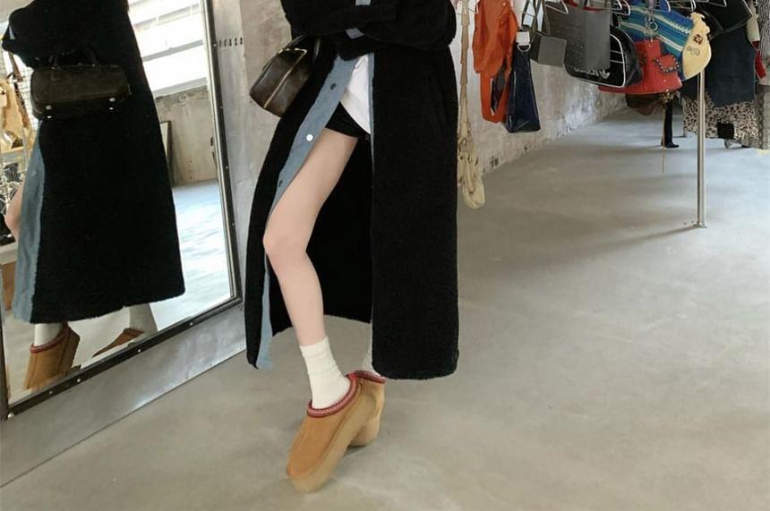 Collared Mock Two-Piece Denim Panel Button-Up Fleece Long Coat Product Image