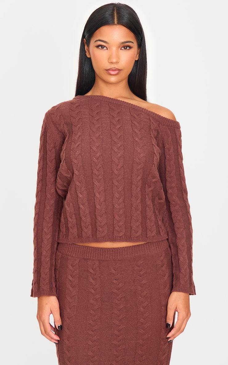 Chocolate Cable Knit Asymmetric Neckline Oversized Sweater Product Image