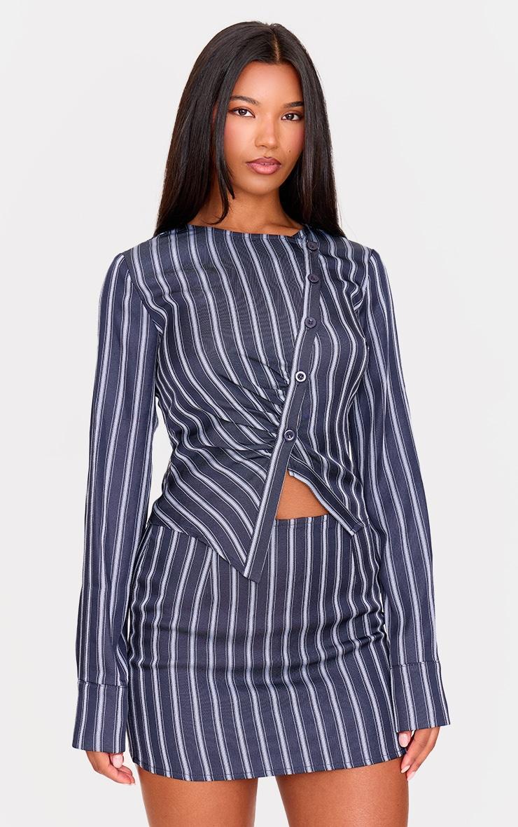 Navy Woven Tailored Striped Mid Rise Mini Skirt Product Image