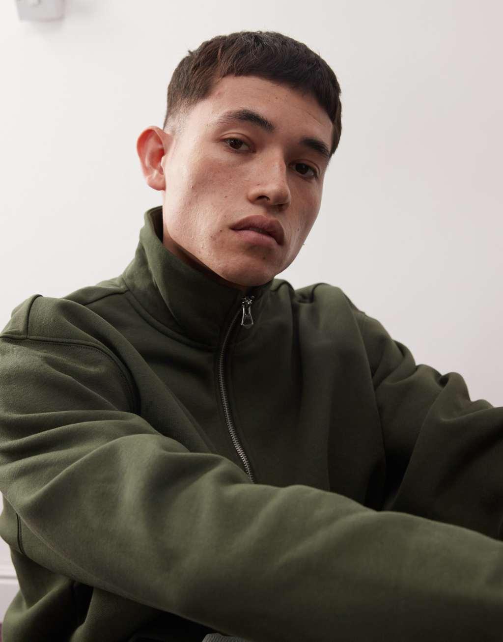 Weekday oversized heavyweight jersey half zip sweatshirt in khaki Product Image