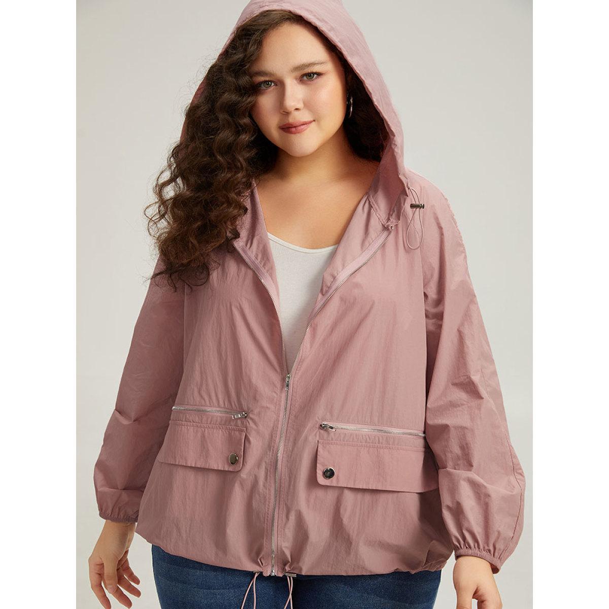 Plus Size Plain Hooded Pocket Zipper Fly Drawstring Jacket Women Rouge Plain Pocket Dailywear Jackets BloomChic 22-24/3X Product Image