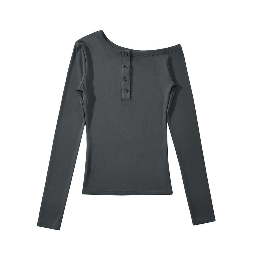 Cold-Shoulder Long-Sleeve Plain Henley Tee Product Image
