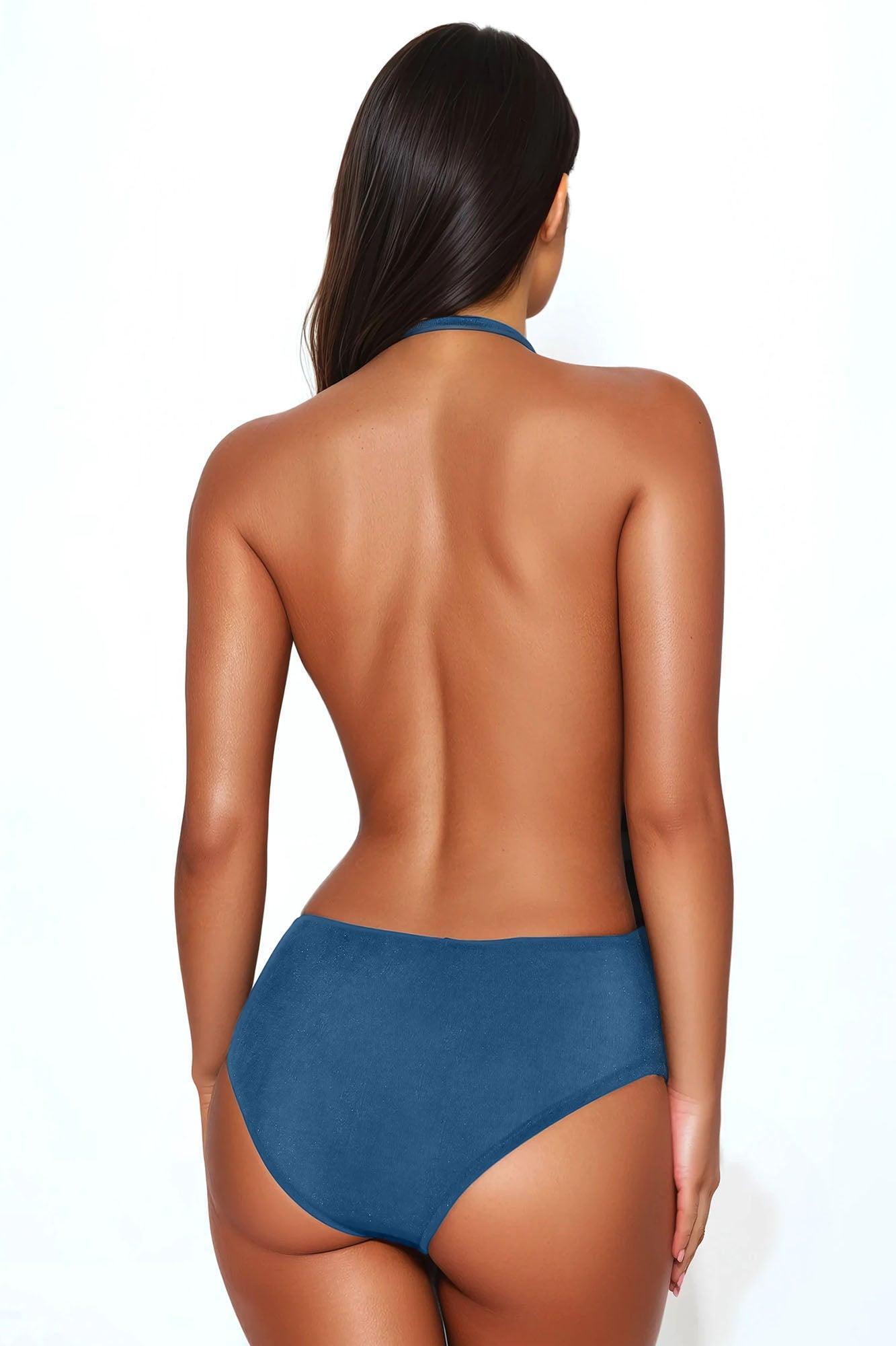 Tyra Ruched Halter Bodysuit - Blue Product Image