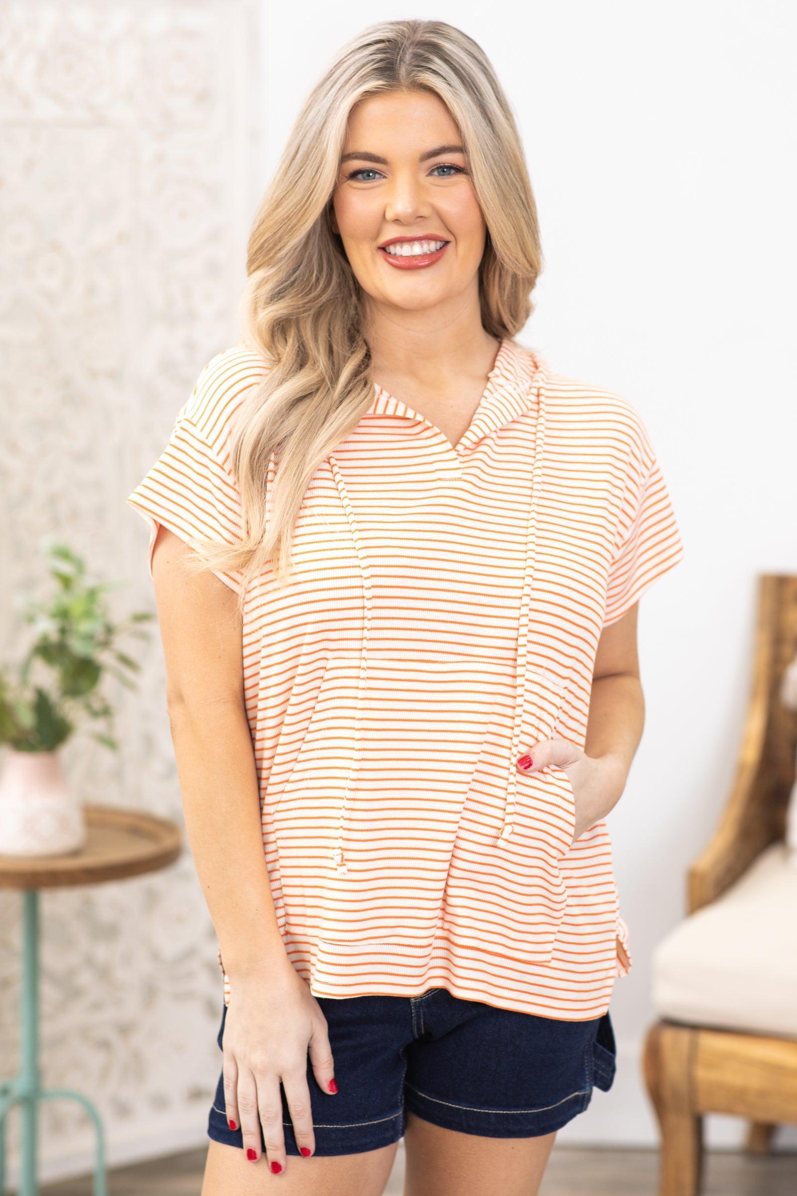 Orange Stripe Hooded Short Sleeve Top Product Image