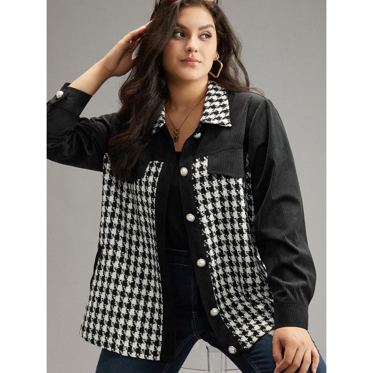 Plus Size Tweed Gingham Button Up Patchwork Pocket Contrast Coat Women Black Casual Contrast Ladies Dailywear Winter Coats BloomChic 22-24/3X Product Image