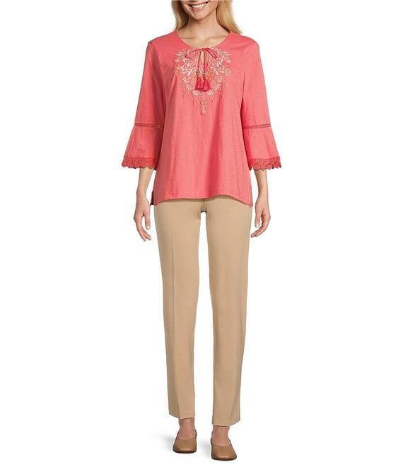 Allison Daley Petite Size Embroidered 3/4 Flare Sleeve Split V-Neck Sweater Product Image