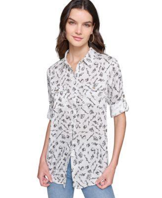 Karl Lagerfeld Paris Womens Printed Utility Button-Down Top, Regular & Petites Product Image