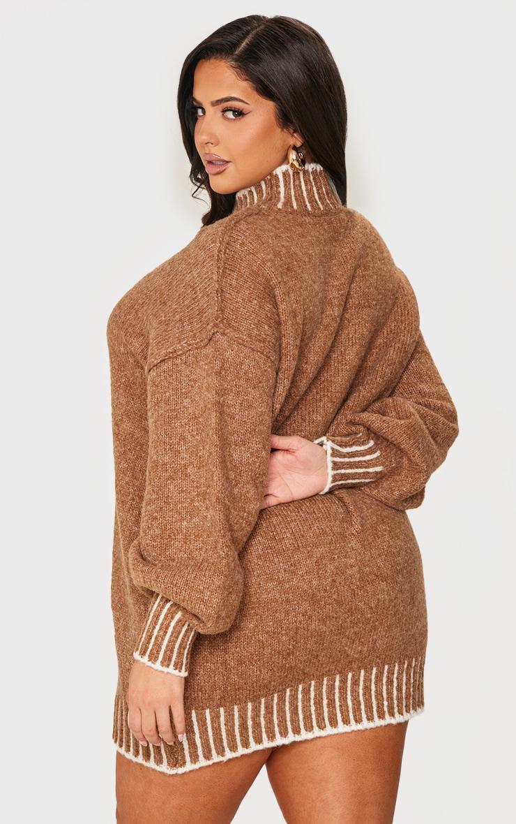 Plus Mocha Contrast Stitch Knitted High Neck Oversized Sweater Dress Product Image