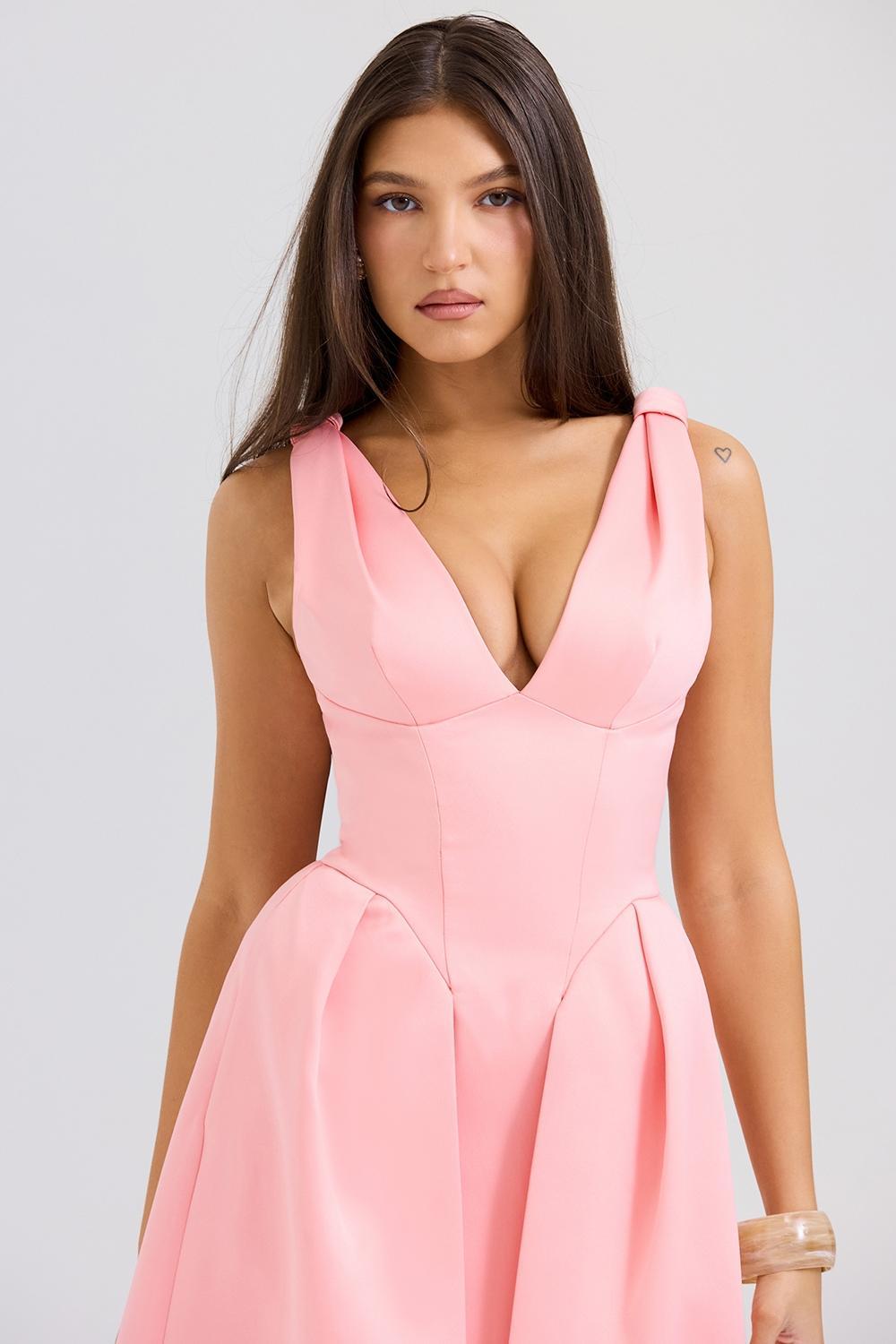 Paloma Peach Satin Pleated Midi Dress Product Image