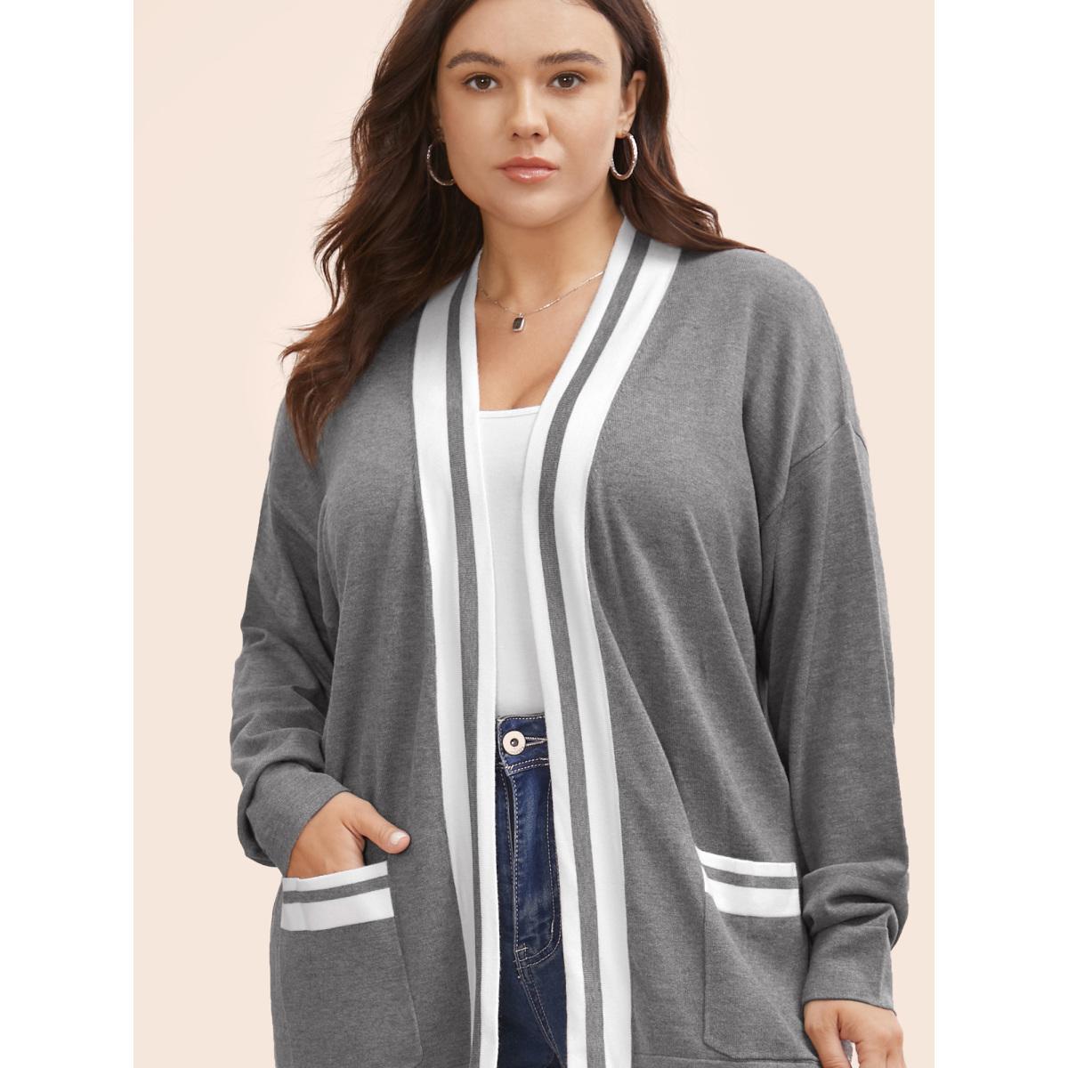 Plus Size Supersoft Essentials Contrast Slit Hem Cardigan DarkGray Women Casual Loose Long Sleeve Everyday Cardigans BloomChic 14-16/1X Product Image