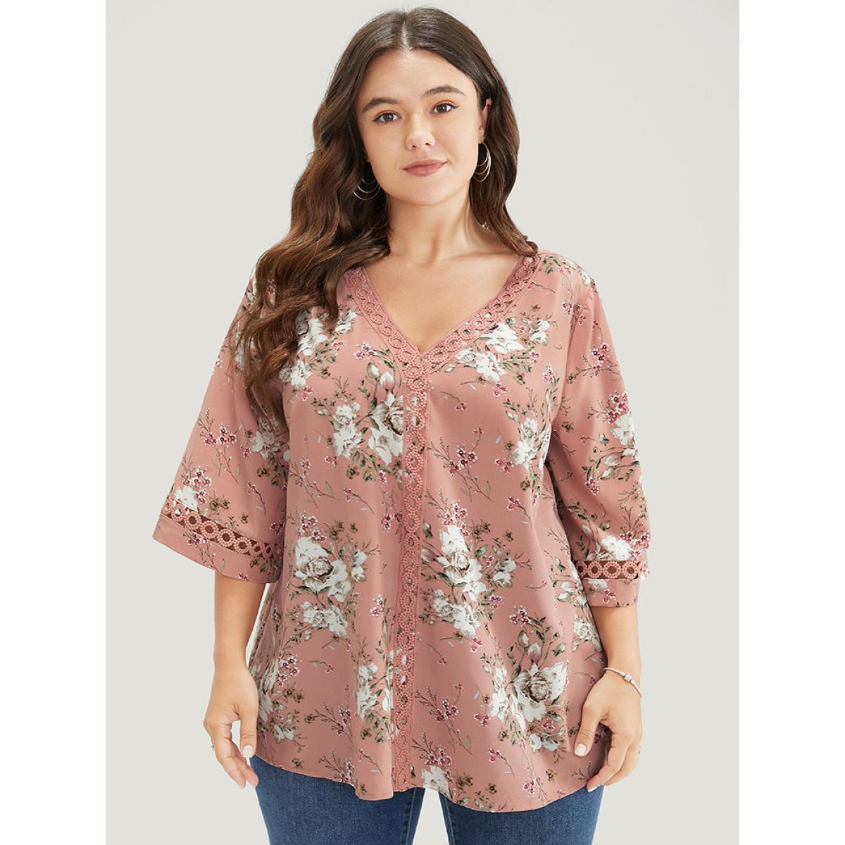 Plus Size Rouge Floral Flounce Sleeve Crochet Lace Blouse Women Elegant Elbow-length sleeve V-neck Dailywear Blouses BloomChic 14-16/1X Product Image