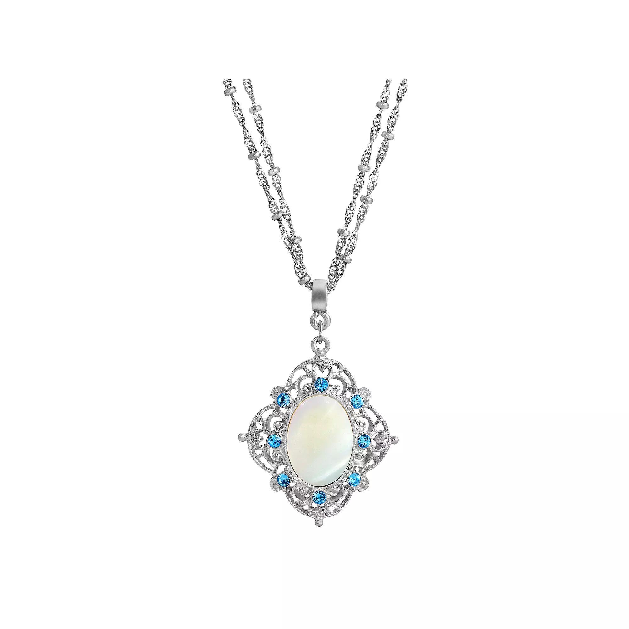 1928 Silver Tone Aqua and Simulated Oval Pearl Necklace, Womens, White Product Image
