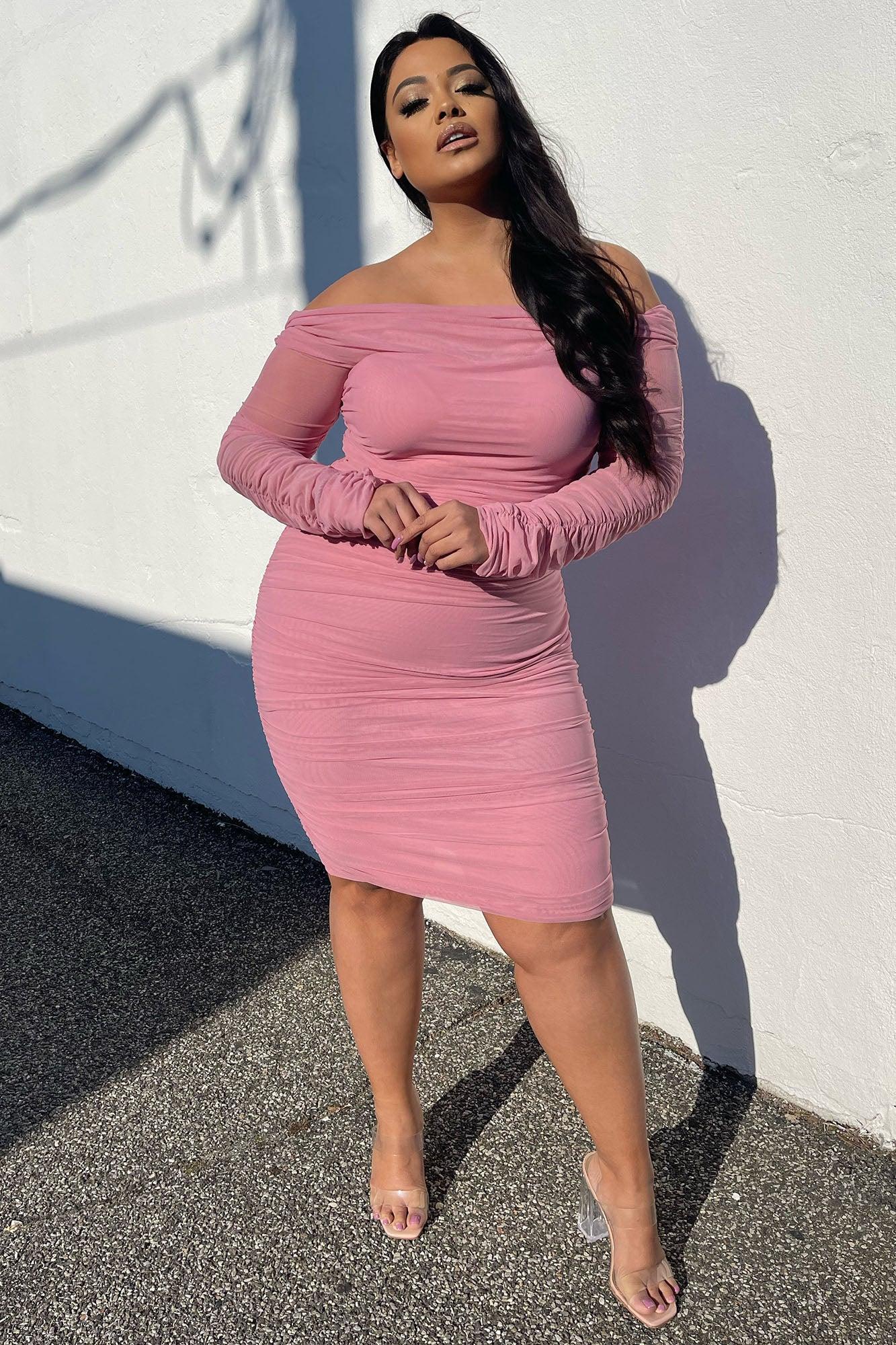 Ready In A Ruched Off Shoulder Midi Dress - Pink Product Image