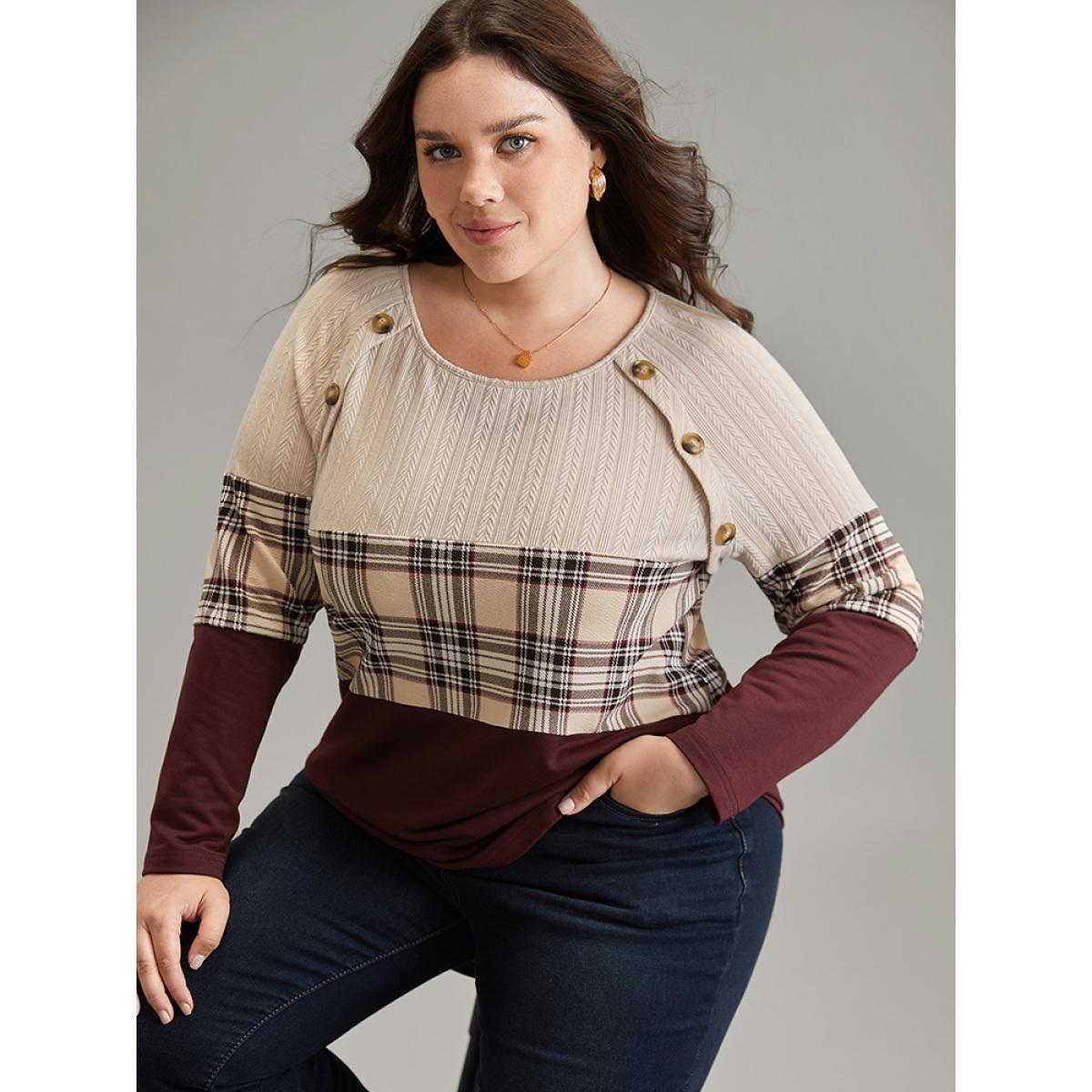 Plus Size Colorblock Contrast Button Detail Plaid Sweatshirt Women Burgundy Elegant Contrast Round Neck Dailywear Sweatshirts BloomChic 12/L Product Image