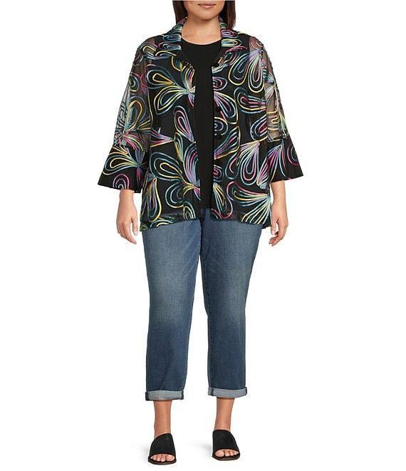 Ali Miles Plus Size Embroidered Paisley Print Knit Mesh Button Front Jacket Product Image
