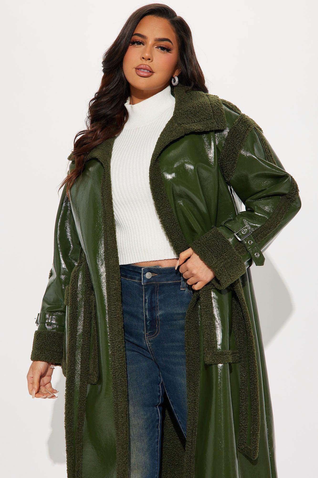 Bad Ideas Shearling Trench Coat - Olive Product Image