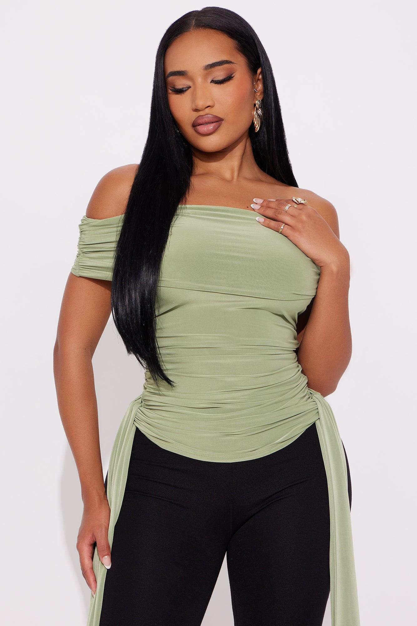 Odyss Ruched Off Shoulder Top - Sage Product Image