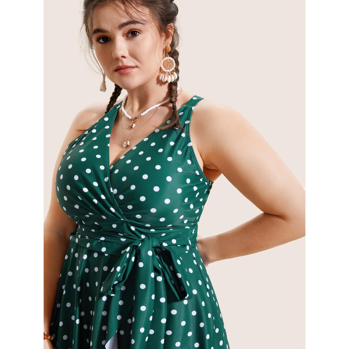 Plus Size Overlap Collar Polka Dot Tie Knot Ruffles Swim Dress Women's Swimwear DarkGreen Beach Bodycon Overlap Collar High stretch Curve Swim Dresses BloomChic 12/L Product Image