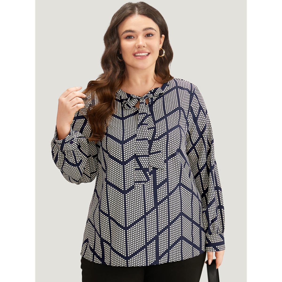Plus Size Indigo Polka Dot Knot Neck Blouse Women Office Long Sleeve Tie Neck Work Blouses BloomChic 10/M Product Image