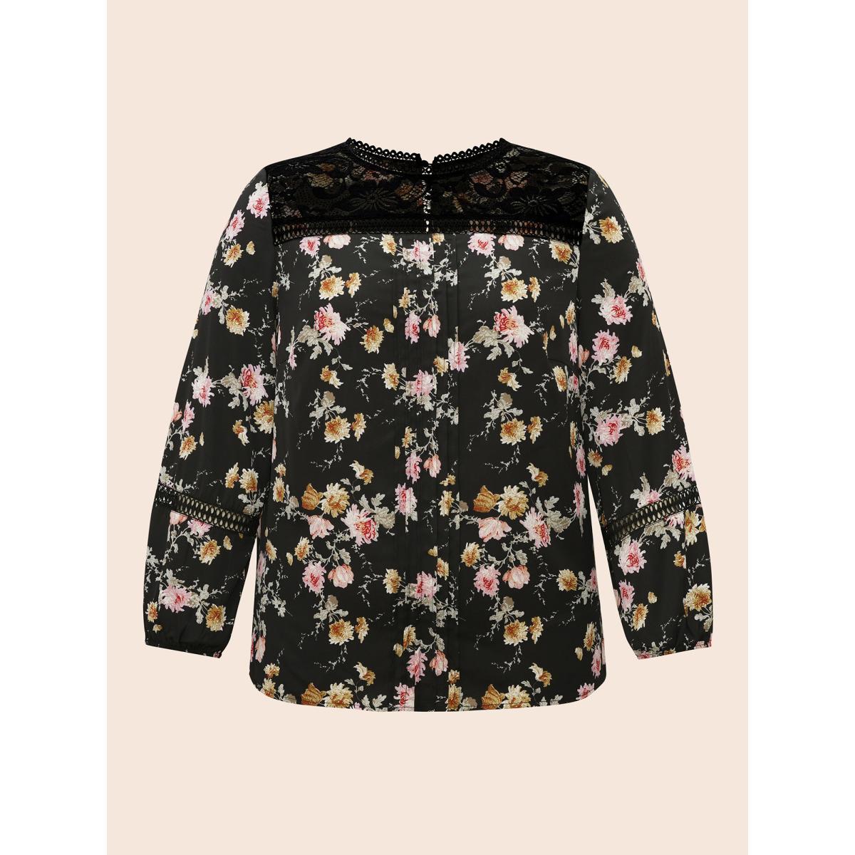 Plus Size Black Floral Lace Panel Lantern Sleeve Blouse Women Elegant Long Sleeve Round Neck Everyday Blouses BloomChic 10/M Product Image