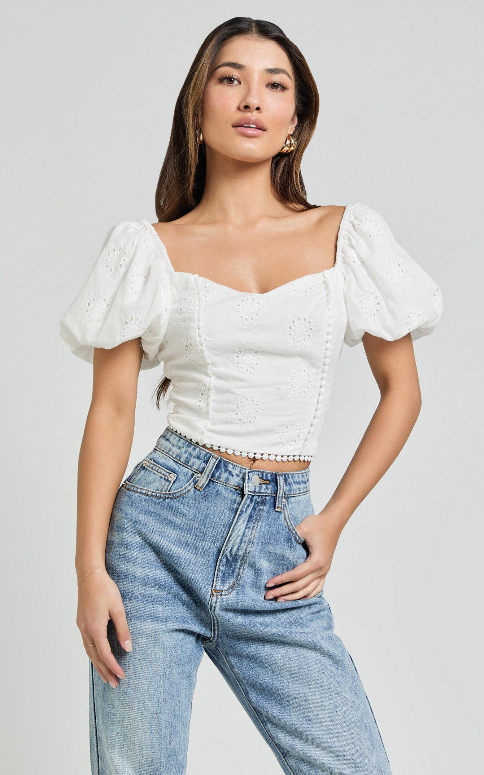 Pixie Top - Sweetheart Puff Sleeve Embroidery Top in White Product Image