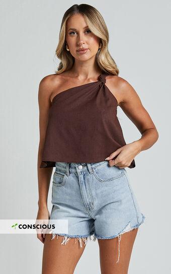 Analia Top - Linen Look One Shoulder Knot Detail Top in Chocolate Product Image