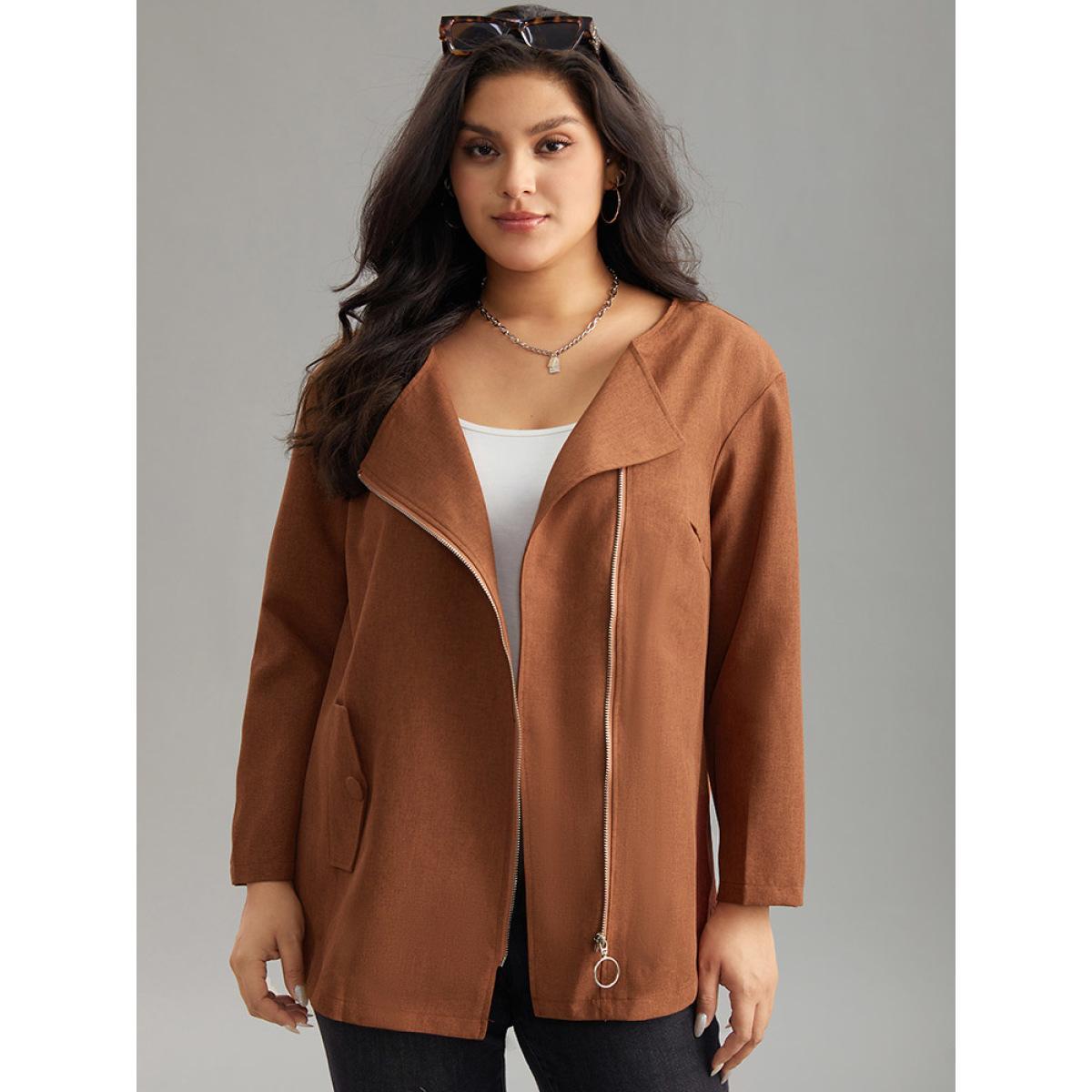 Plus Size Plain Asymmetrical Neck Zipper Jacket Women Chocolate Zipper Dailywear Jackets BloomChic 26/4X Product Image