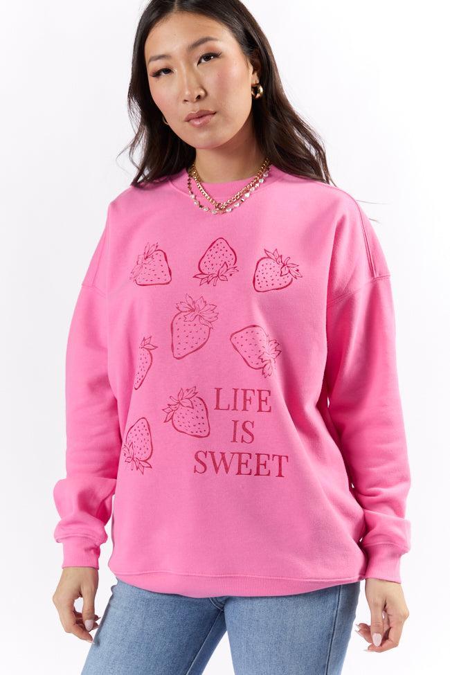Life Is Sweet Strawberries Pink Graphic Sweatshirt Product Image