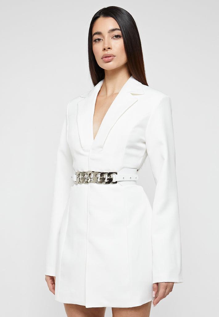 Chain Belted Blazer Dress - White Female Product Image
