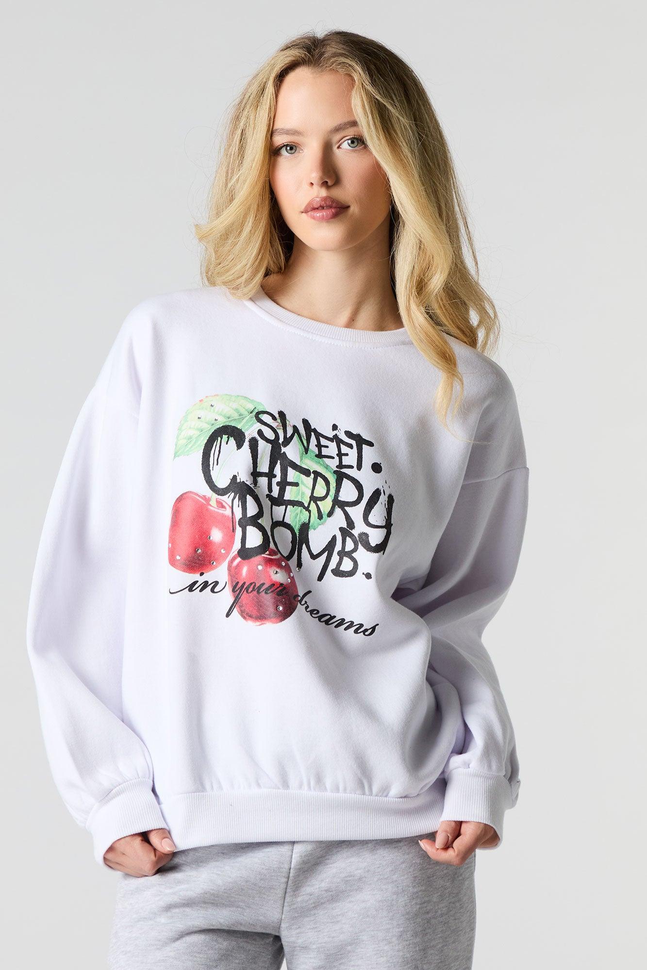 Oversized Cutesy Graphic Rhinestone Fleece Sweatshirt Female Product Image